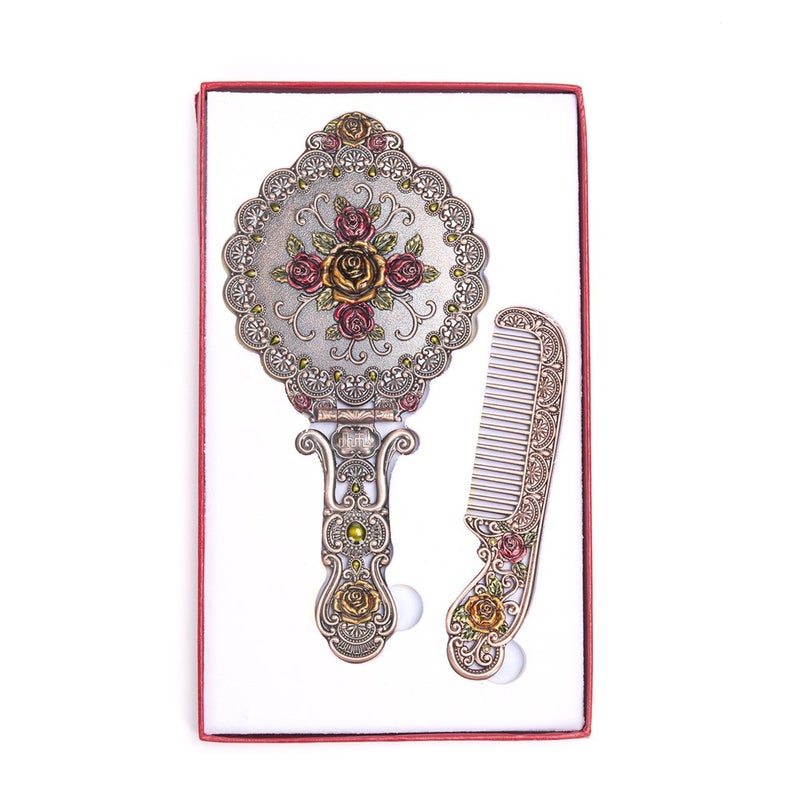Nerien Vintage Mirror Comb Set Metal Antique Rose Style Handheld Makeup Mirror Travel Round Folding Cosmetic Mirror Women's Vanity Handle Foldable Mirrors Decorative Tabletop Mirrors Copper - Image 5